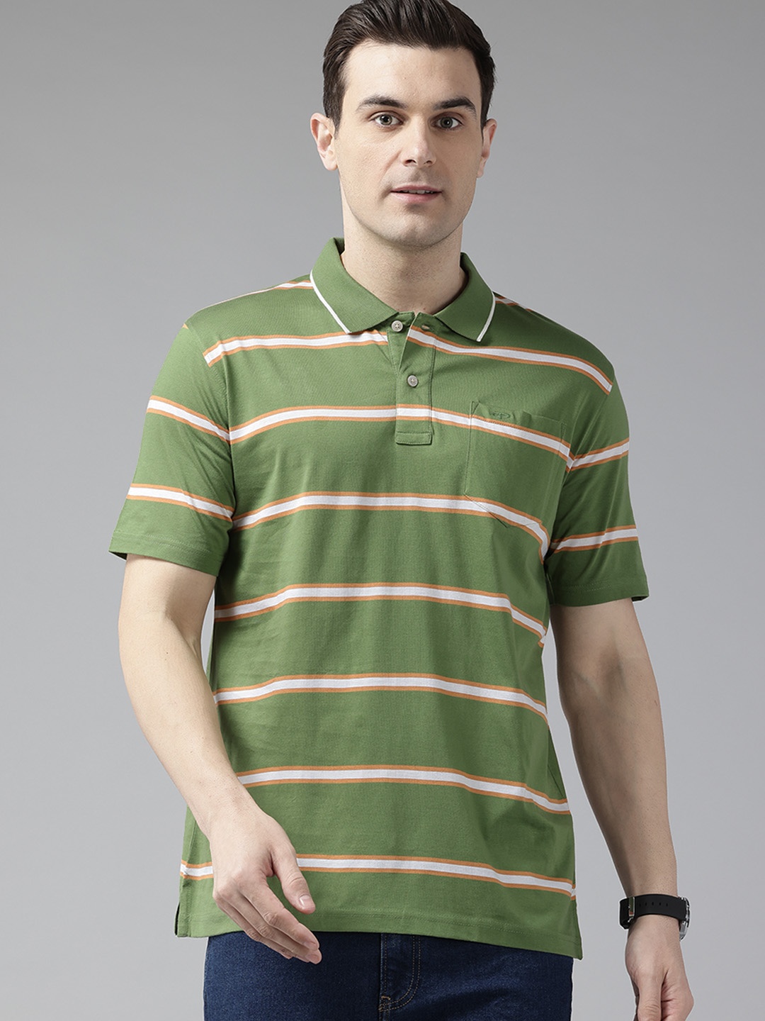 

ColorPlus Men Striped Polo Collar Comfort Fit Pure Cotton T-shirt, Green