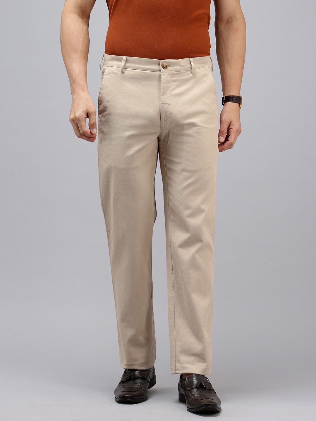 

ColorPlus Men Self Design Textured Chinos Trousers, Beige