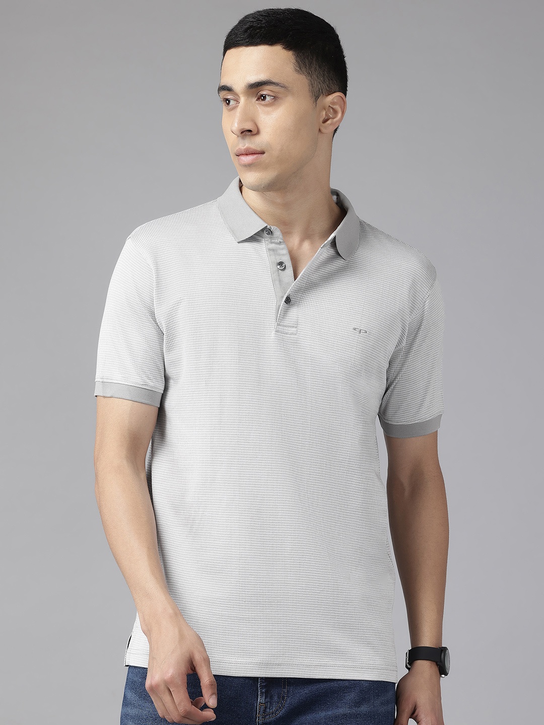 ColorPlus Pure Cotton Houndstooth Checked Polo T-shirt, Grey