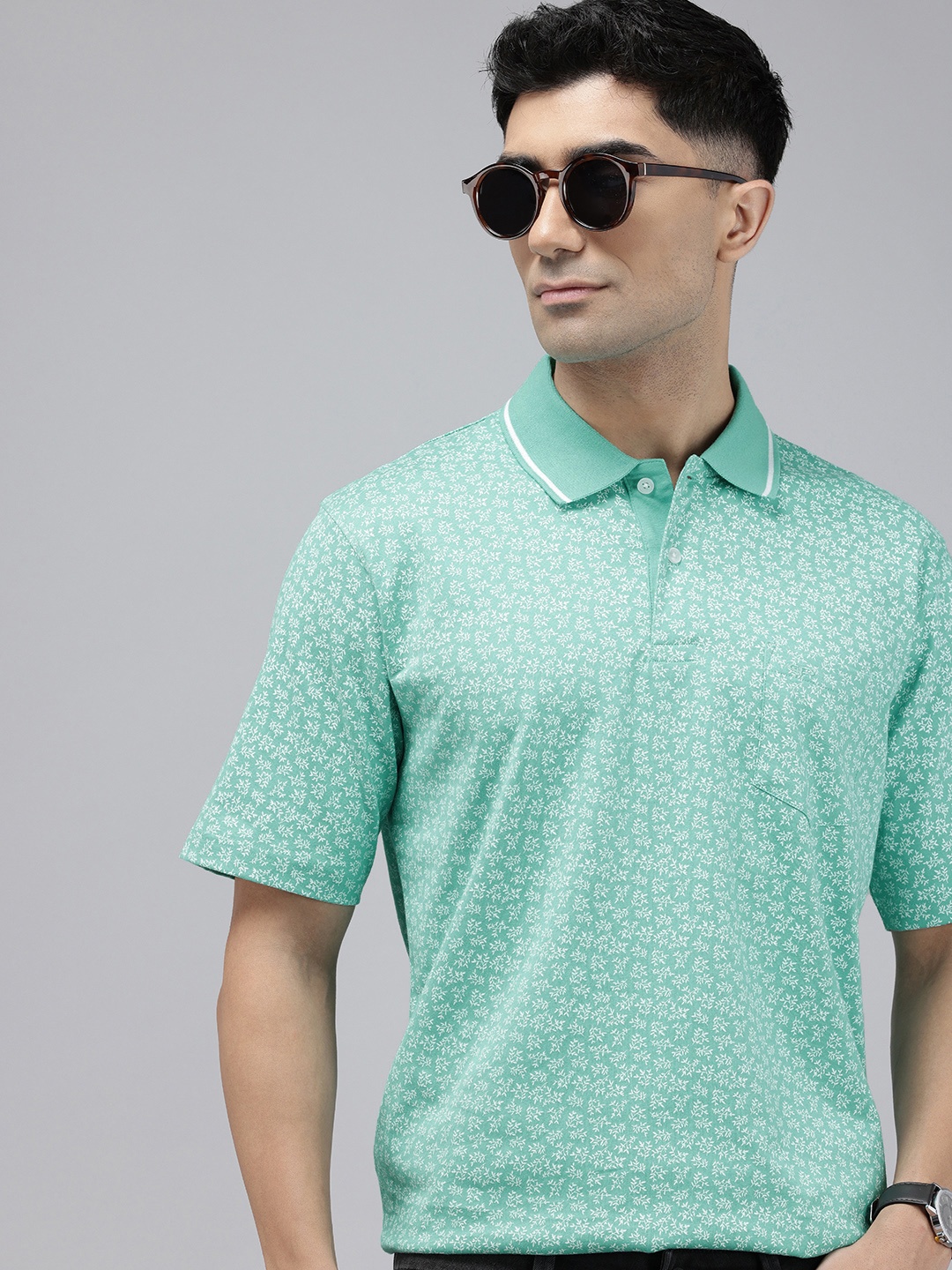 ColorPlus Tropical Printed Polo Collar Pure Cotton T-shirt, Green