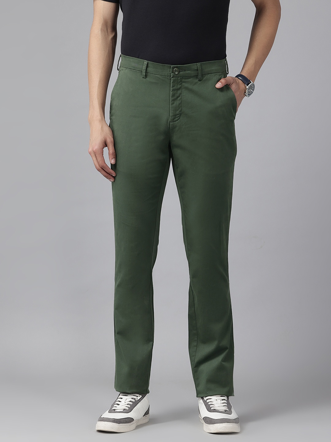 ColorPlus Men Slim Fit Regular Trousers, Green