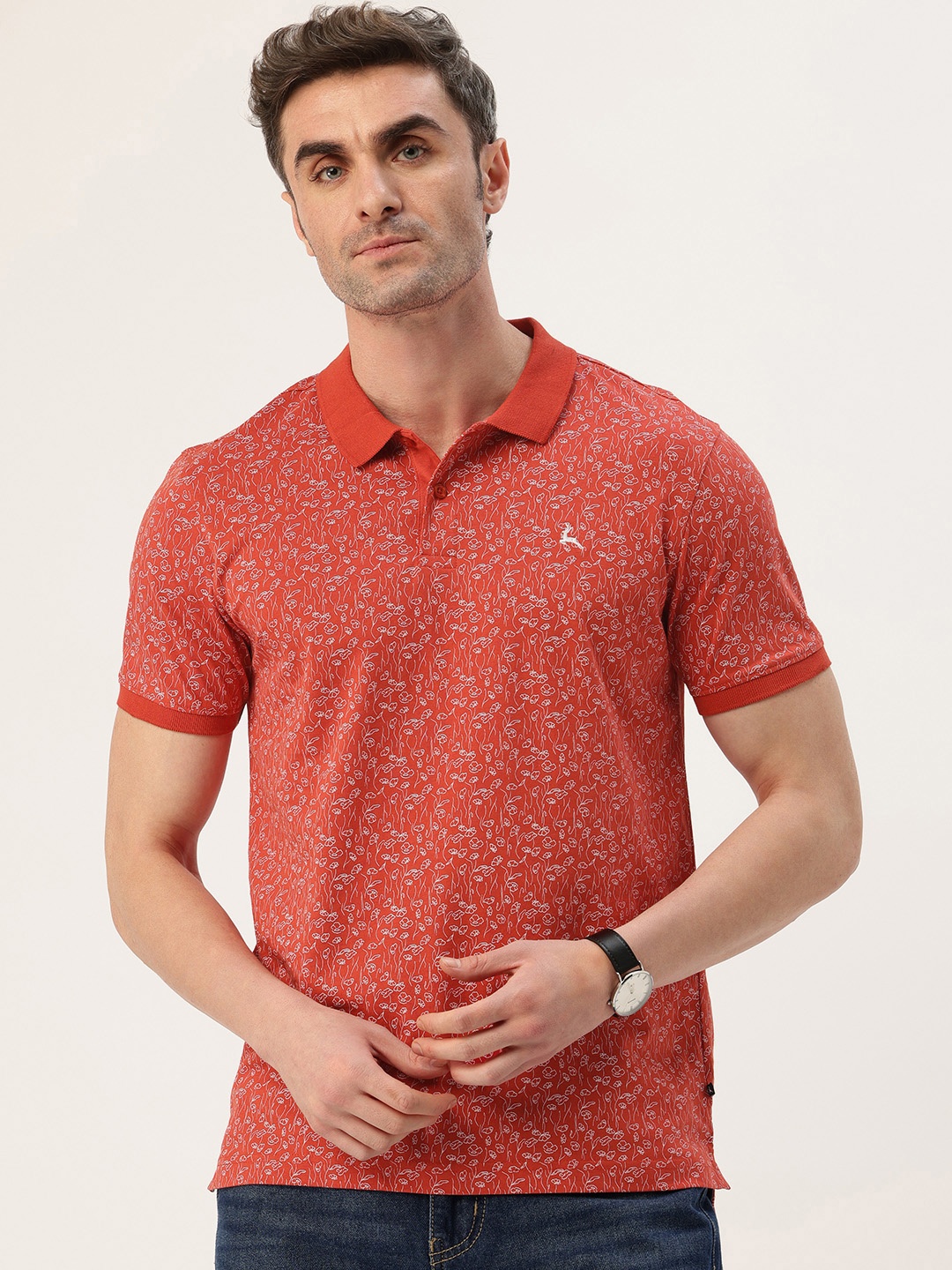 

Parx Pure Cotton Floral Printed Polo Collar T-shirt, Red