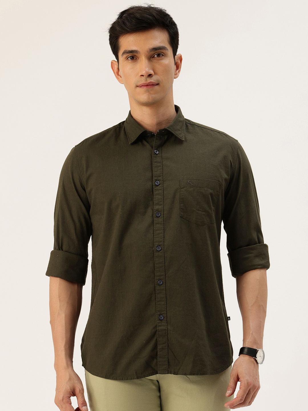

Parx Slim Fit Pure Cotton Casual Shirt, Olive