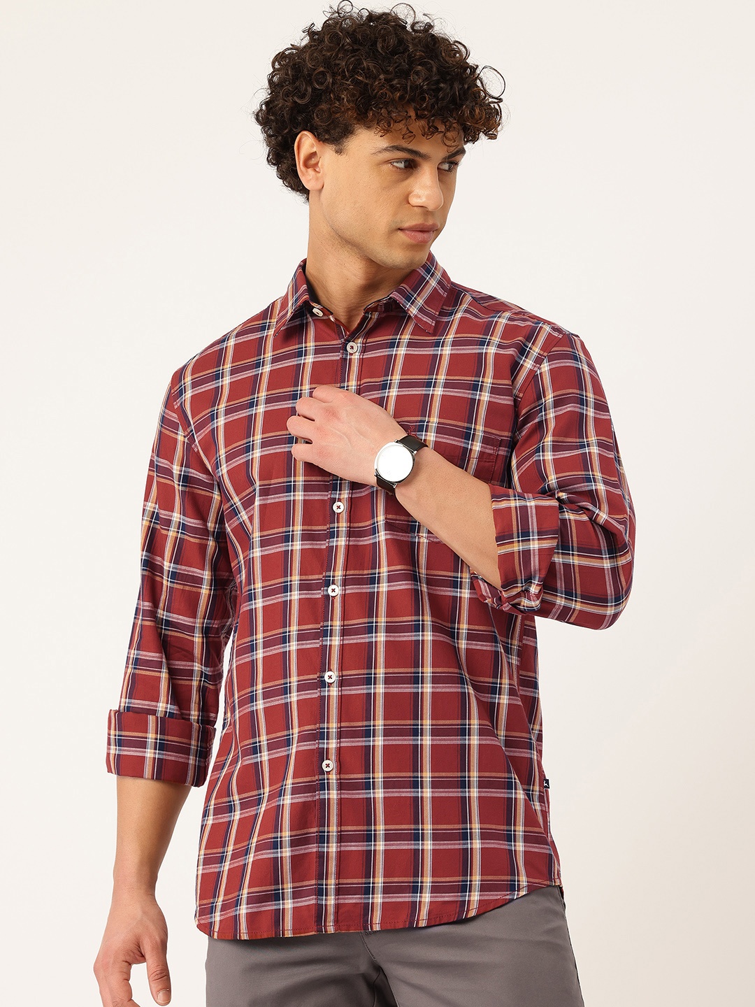 

Parx Slim Fit Cotton Checked Casual Shirt, Maroon