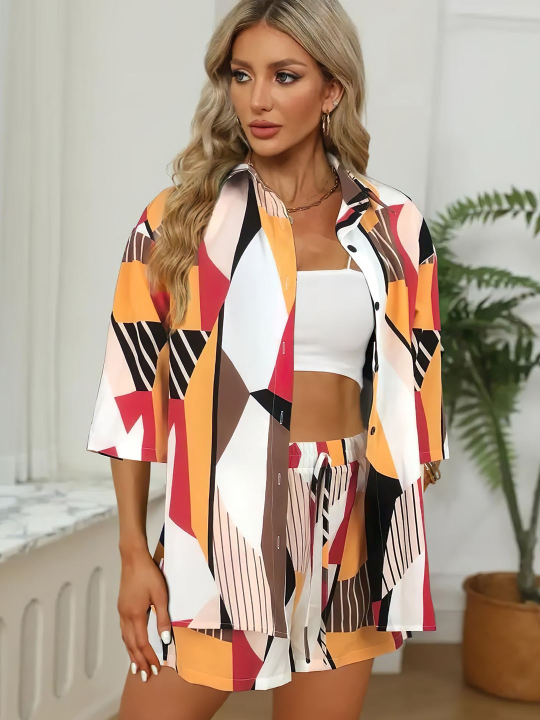 

ZWERLON Geometric Printed Three-Quarter Sleeves Shirt With Shorts, White