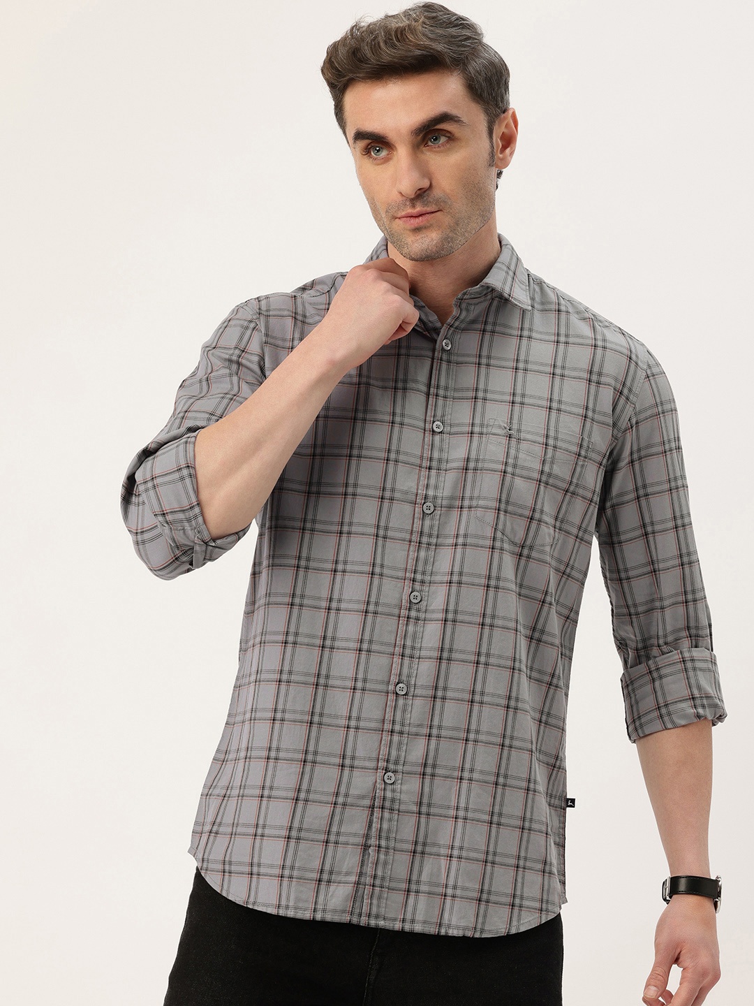 

Parx Pure Cotton Slim Fit Tartan Checked Shirt, Grey