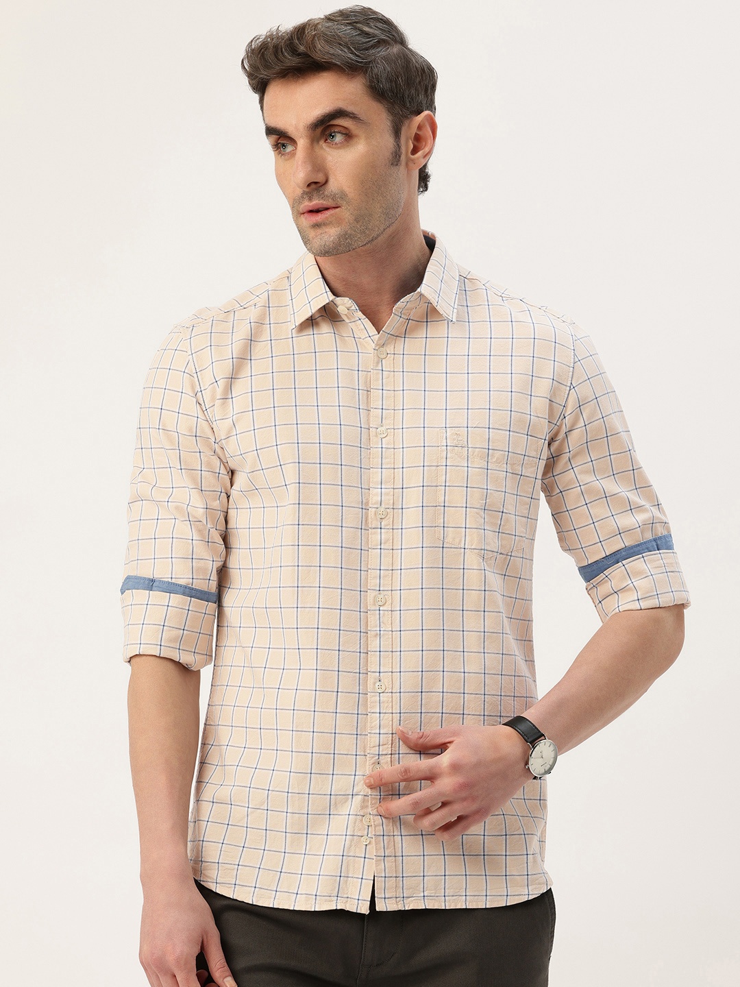 

Parx Pure Cotton Slim Fit Checked Shirt, Beige