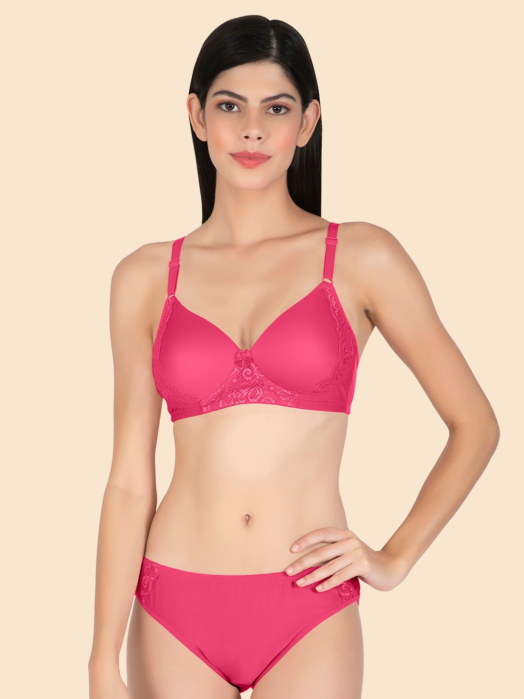 

Joomie Women Lightly-Padded Laced Lingerie Set, Pink