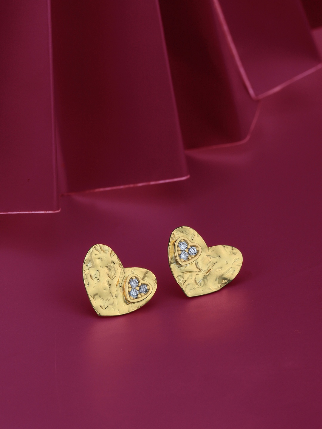 

Carlton London 18KT Gold Plated with CZ Studded Textured Heart Shaped Studs