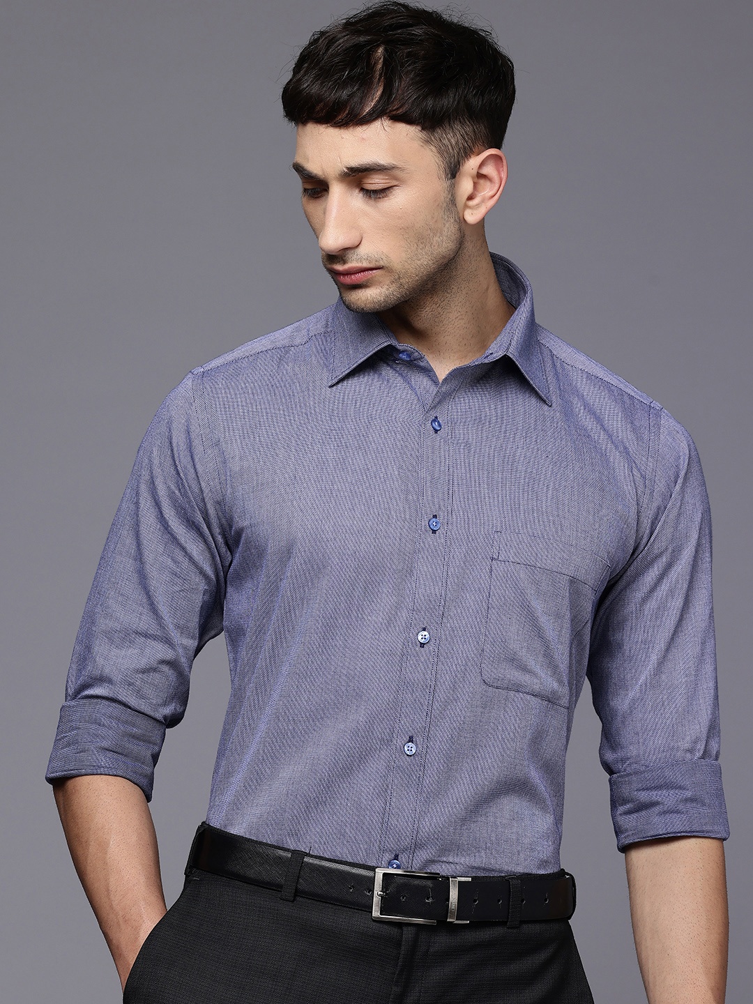 

Raymond Pure Cotton Self Design Slim Fit Textured Formal Shirt, Blue