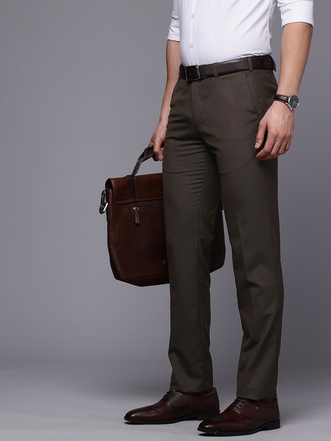 

Raymond Men Striped Slim Fit Formal Trousers, Brown