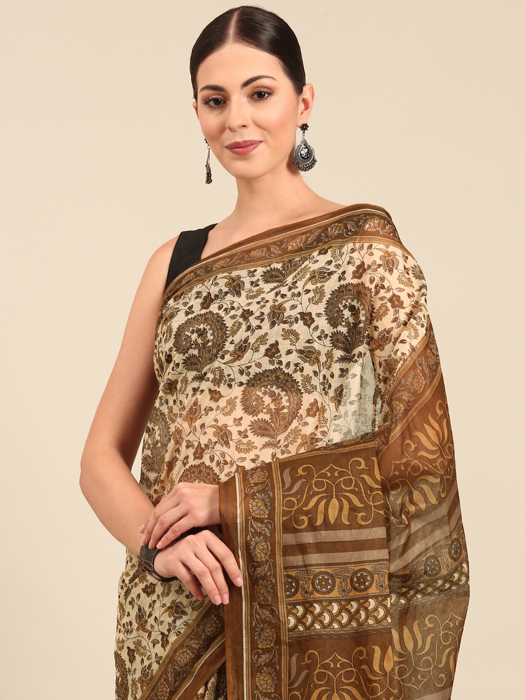 

SHANVIKA Floral Print Pure Cotton Saree, Beige