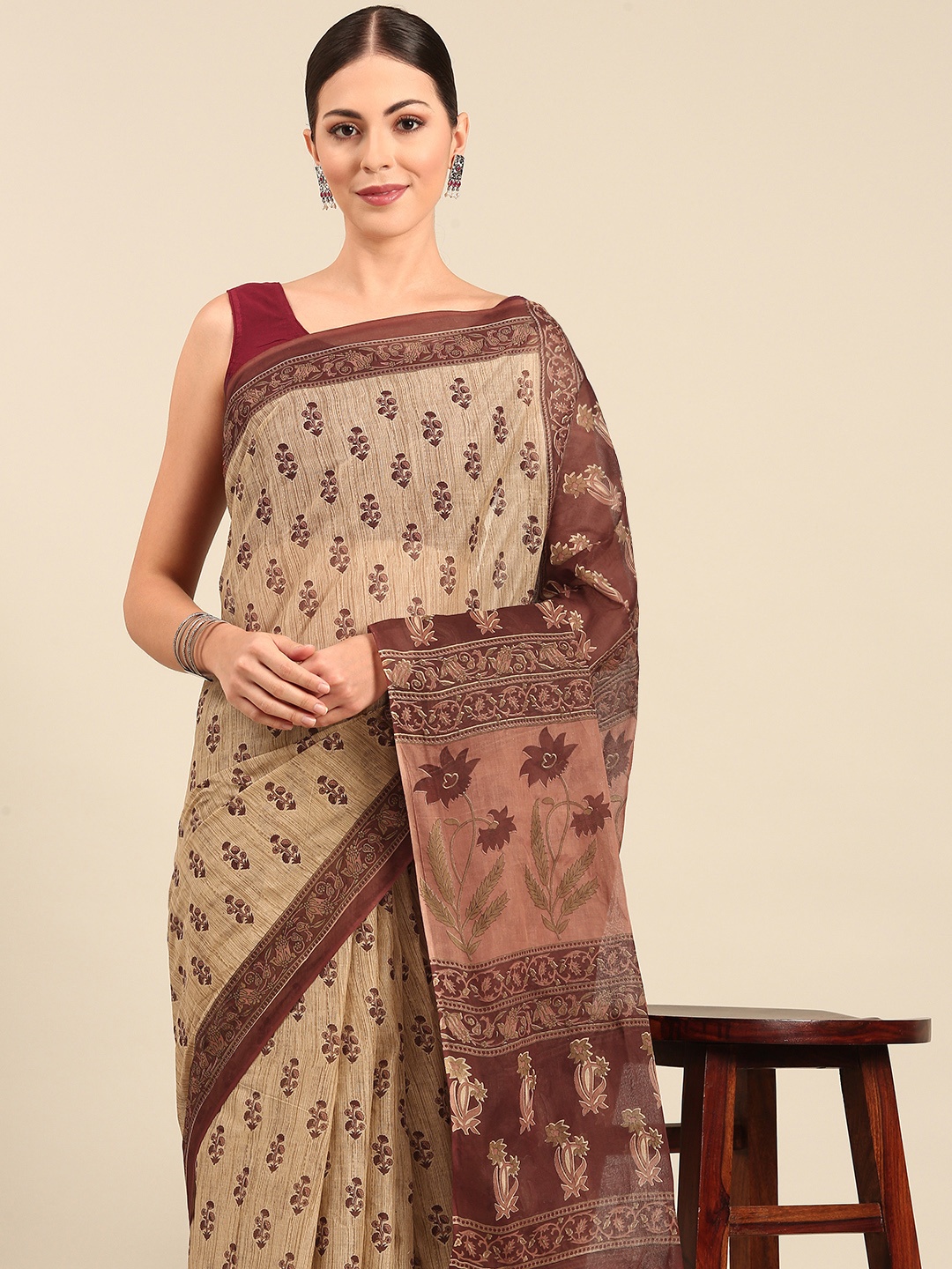

SHANVIKA Floral Print Pure Cotton Saree, Beige
