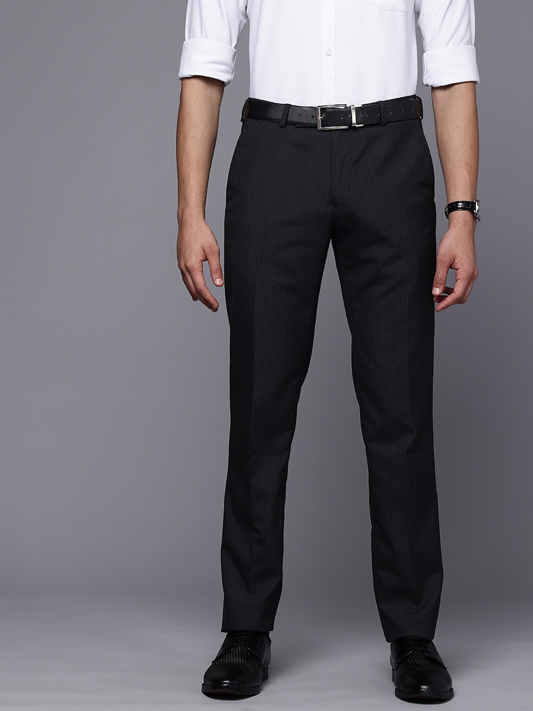 

Raymond Men Striped Slim Fit Formal Trousers, Charcoal
