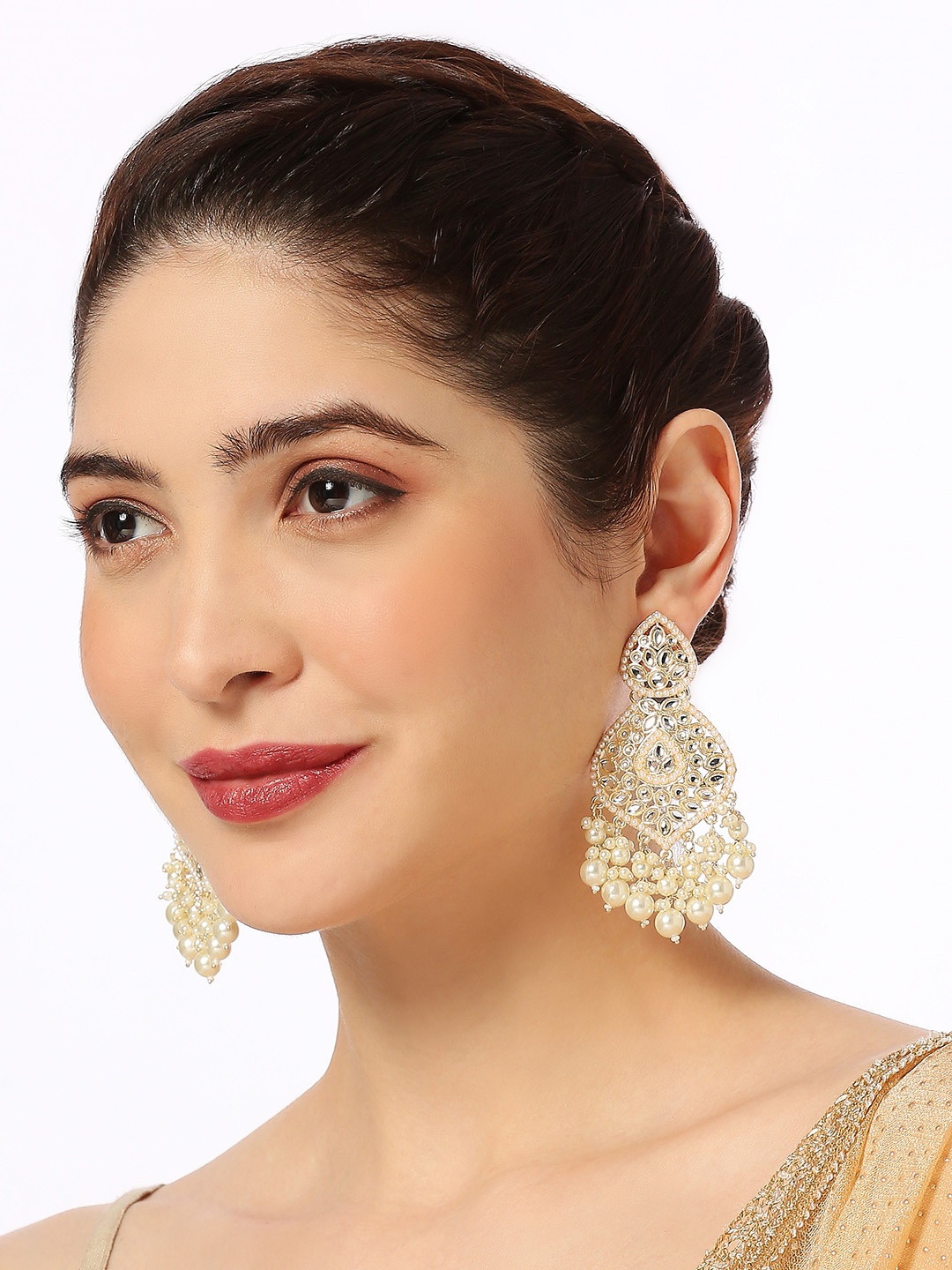 

Anouk Floral Shaped Kundan & Pearl Studded Drop Earrings, White