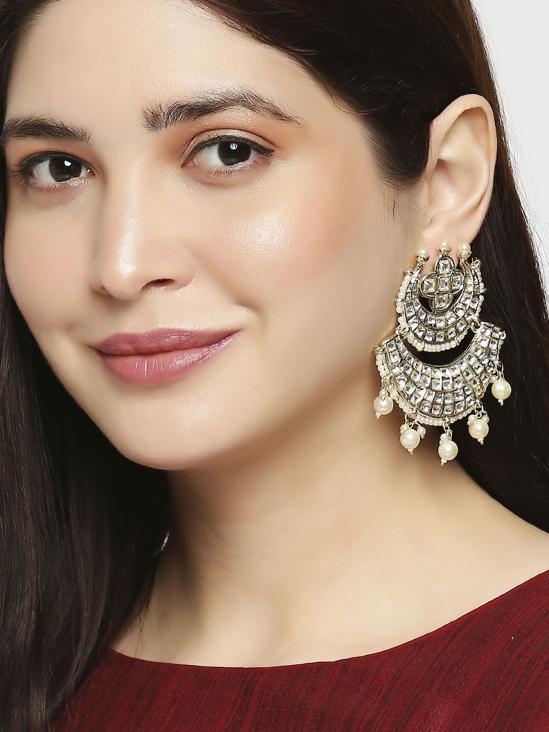 

Anouk Floral Shaped Kundan & Pearl Studded Chandbalis, Gold