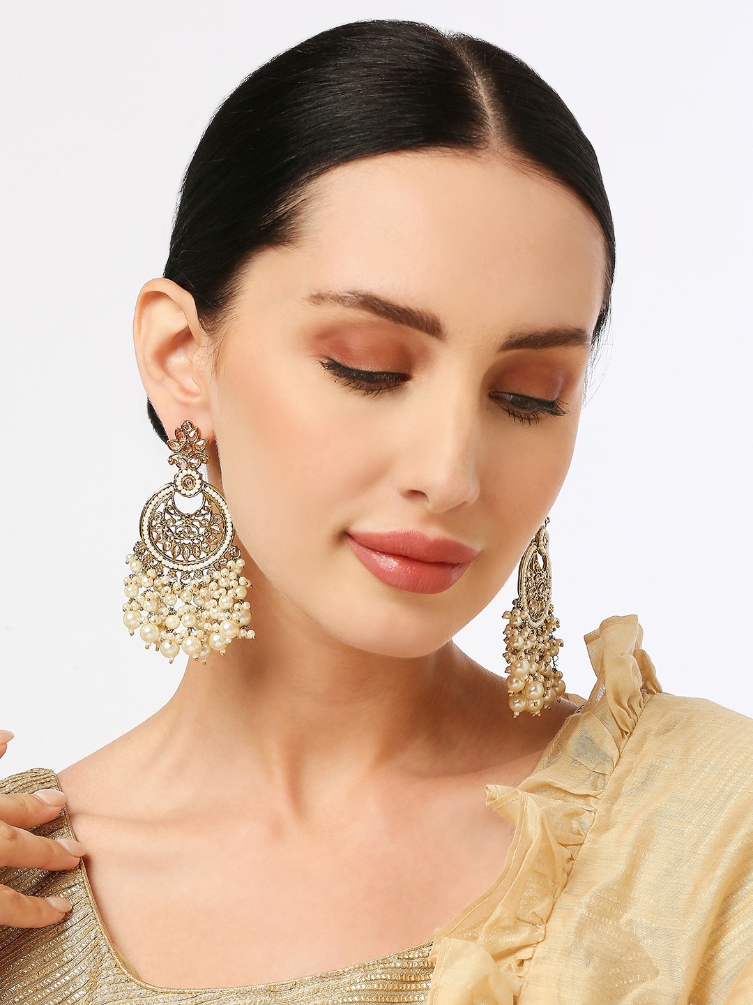 

Anouk Circular Kundan & Pearl Studded Drop Earrings, White