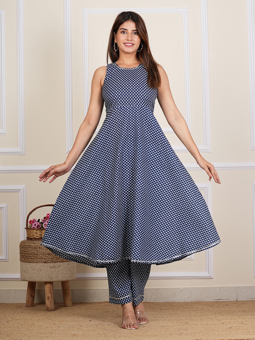 

Indi INSIDE Printed Cotton Anarkali Kurta With Trousers, Navy blue
