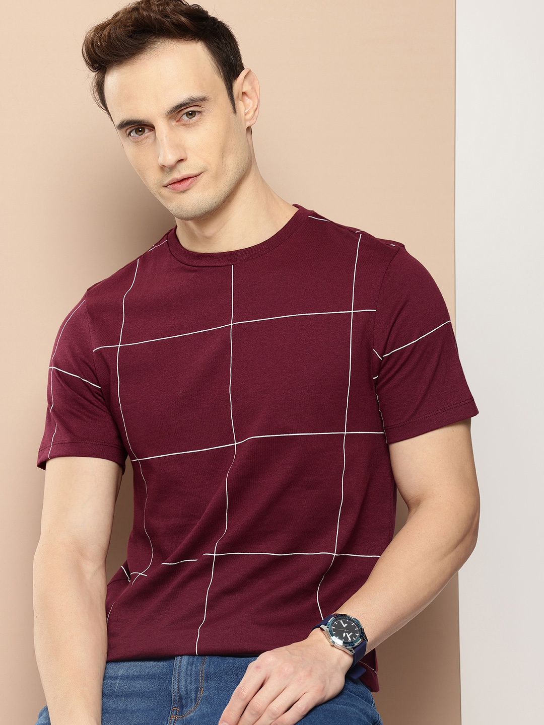 

encore by INVICTUS Checked Round Neck T-shirt, Maroon