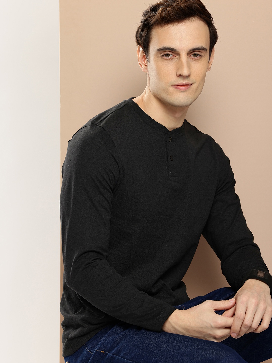 encore by INVICTUS Henley Neck T-shirt, Black