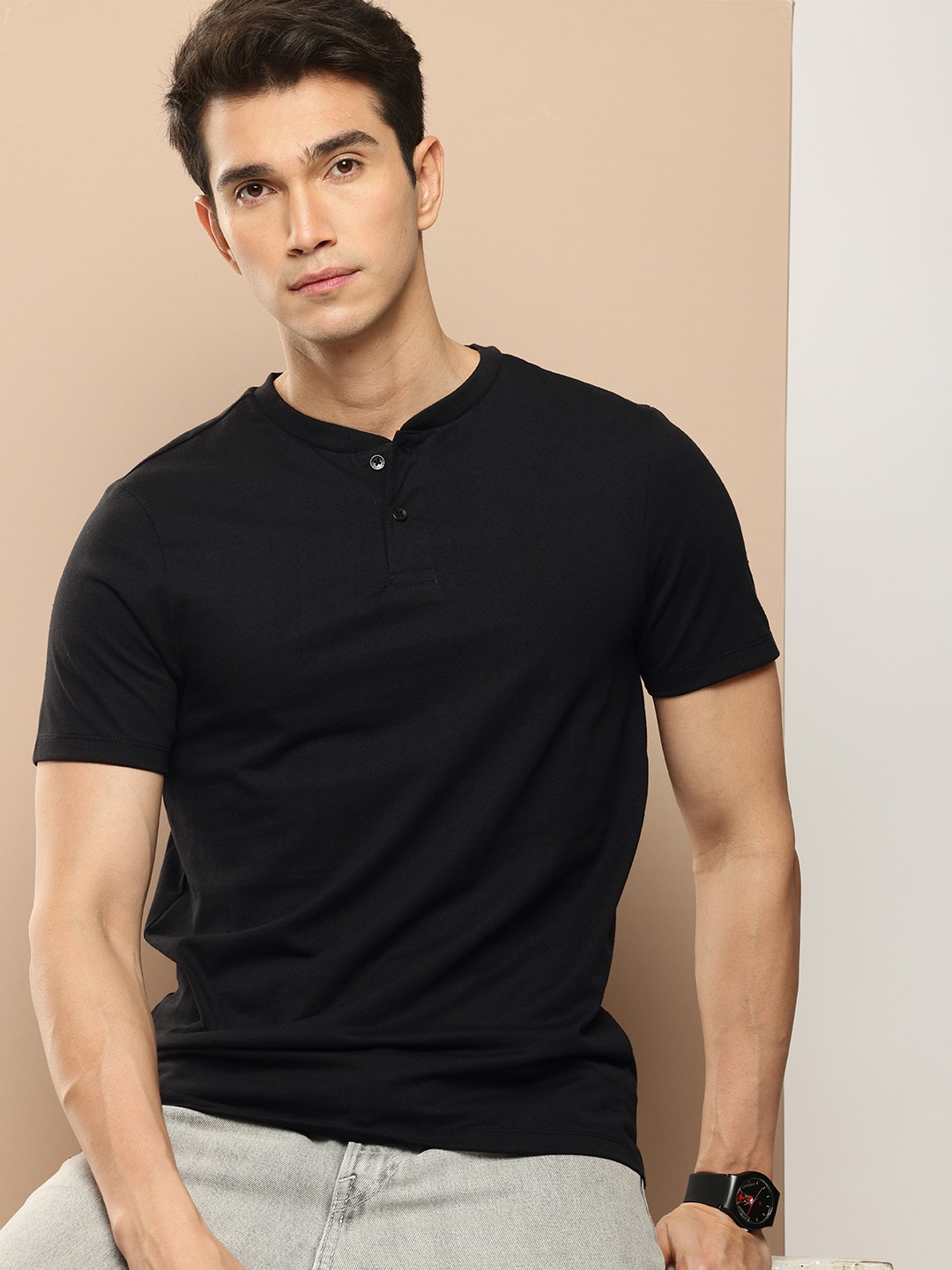 

encore by INVICTUS Mandarin Collar T-shirt, Black