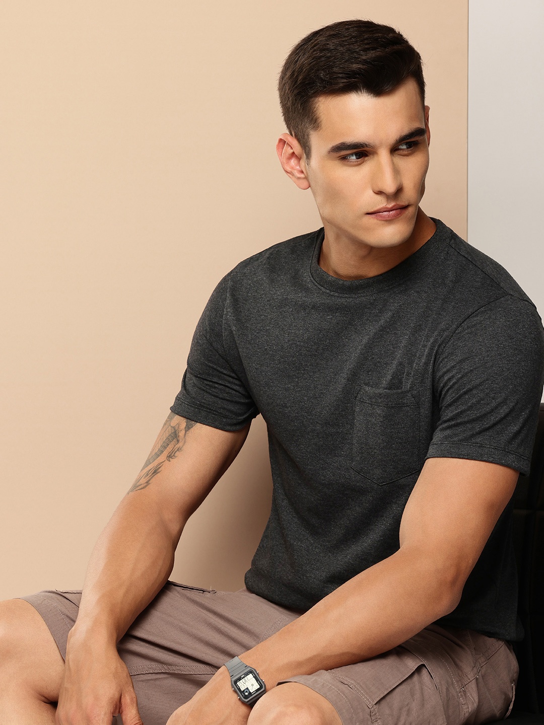 

encore by INVICTUS Solid Regular Fit T-shirt, Charcoal