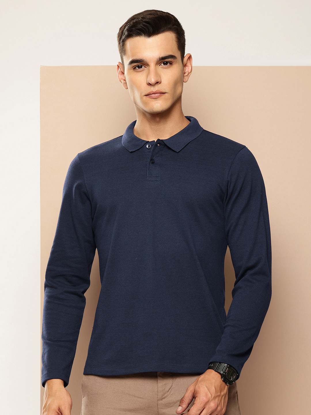 encore by INVICTUS Polo Collar Long Sleeves Regular T-shirt, Navy blue