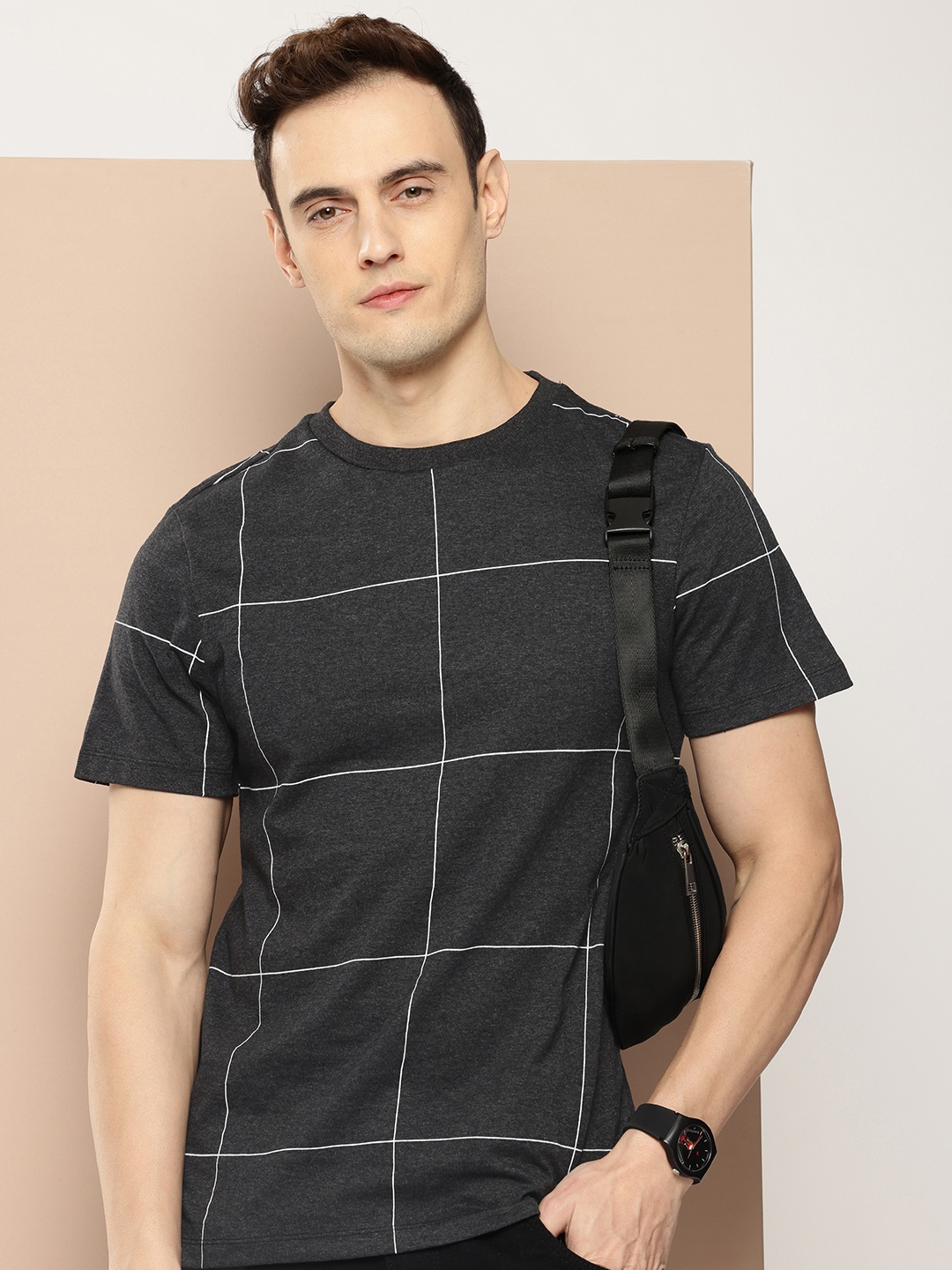 

encore by INVICTUS Checked Round Neck T-shirt, Charcoal