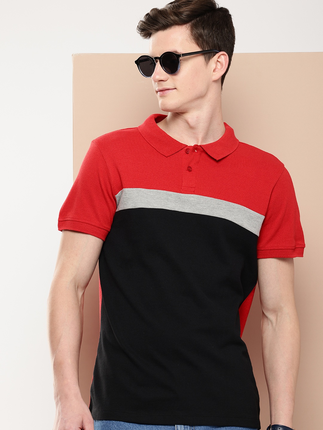 encore by INVICTUS Colourblocked Polo Collar Casual T-shirt, Black