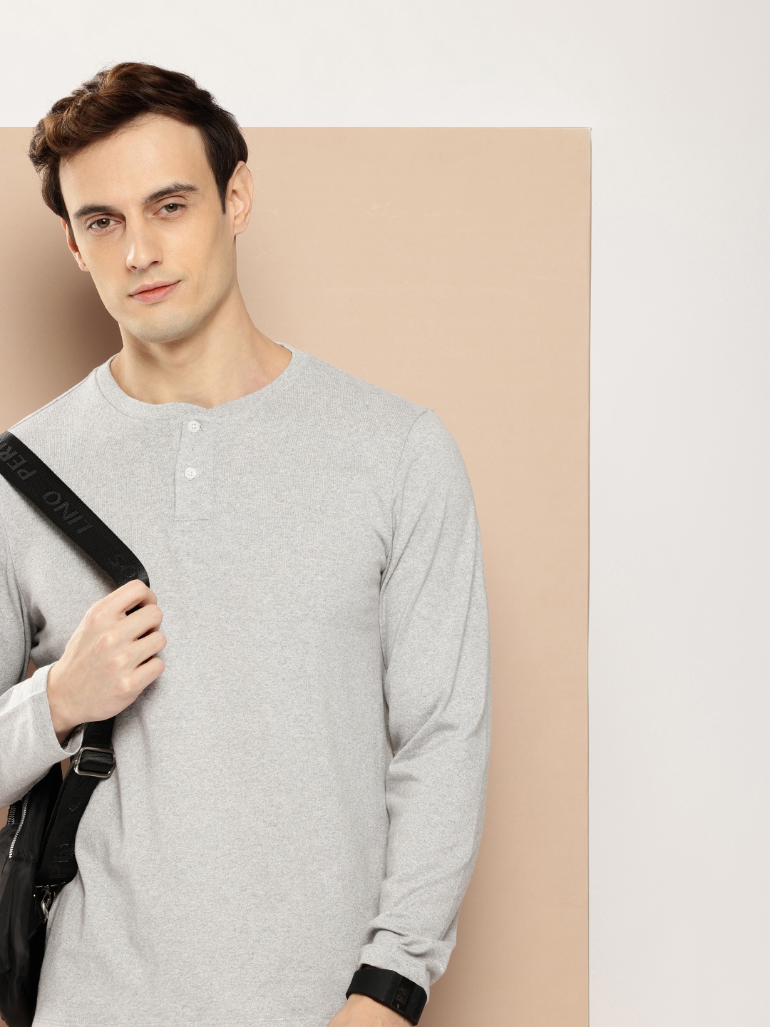 

encore by INVICTUS Henley Neck T-shirt, Grey melange