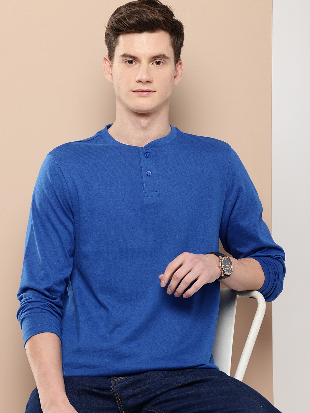 

encore by INVICTUS Henley Neck Long sleeves Casual T-shirt, Blue