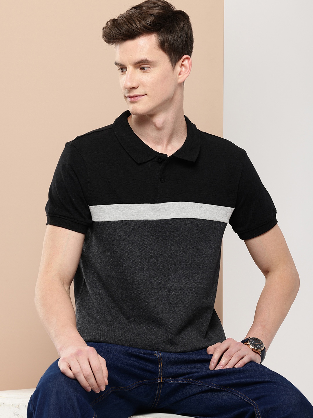 

encore by INVICTUS Colourblocked Polo Collar Casual T-shirt, Charcoal