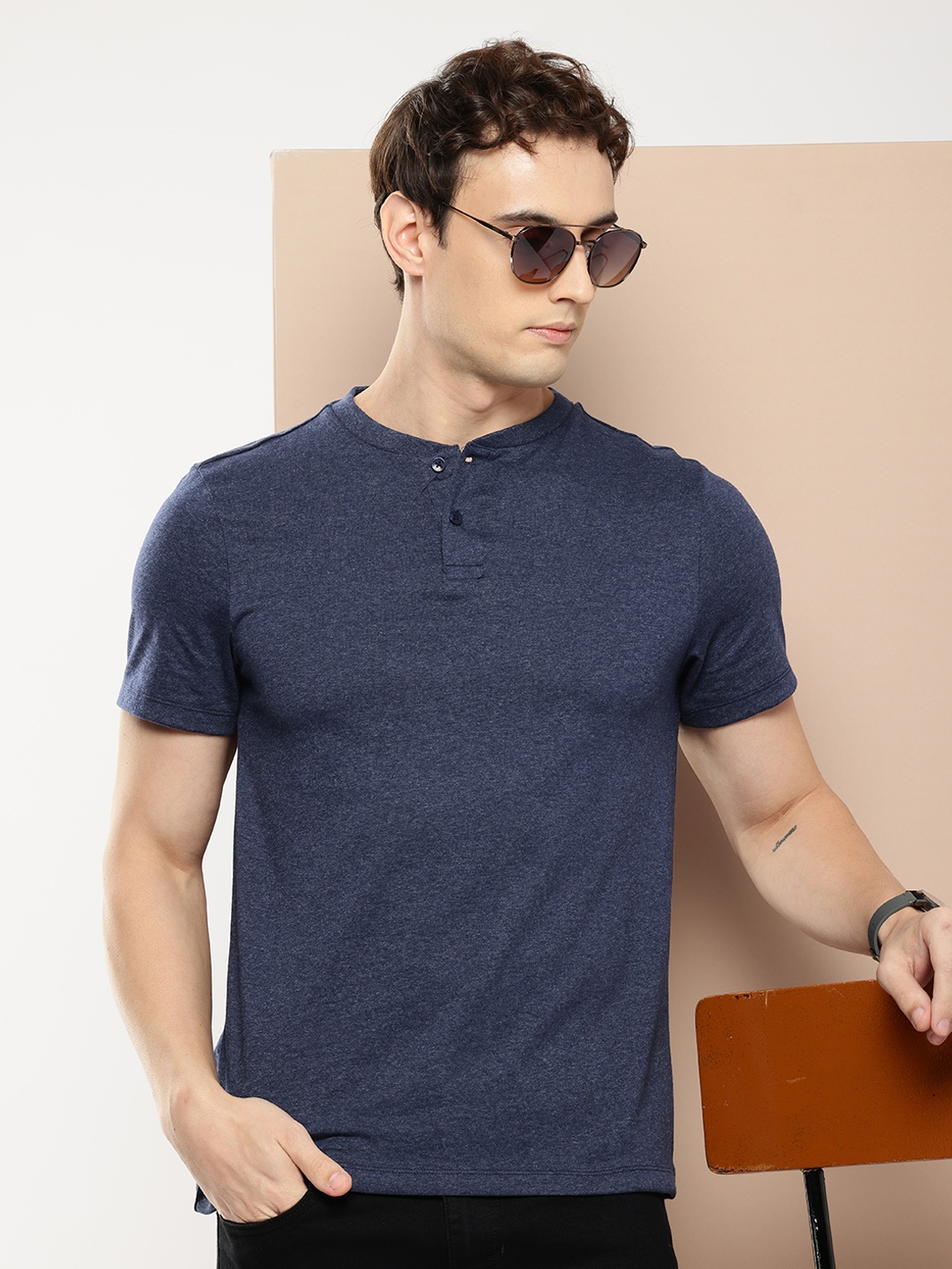 

encore by INVICTUS Henley Neck Casual T-shirt, Navy blue