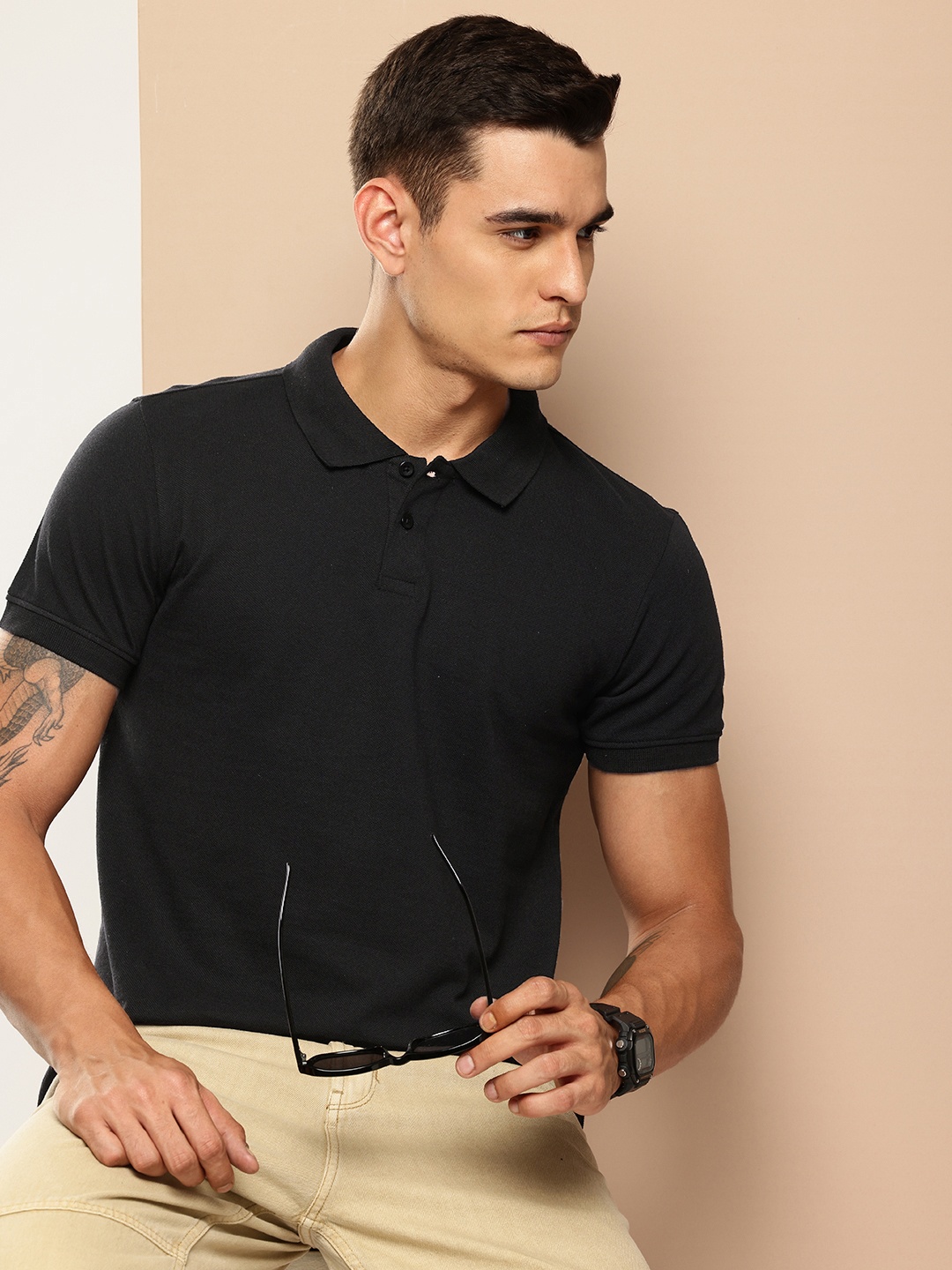 

encore by INVICTUS Solid Polo Collar T-shirt, Black