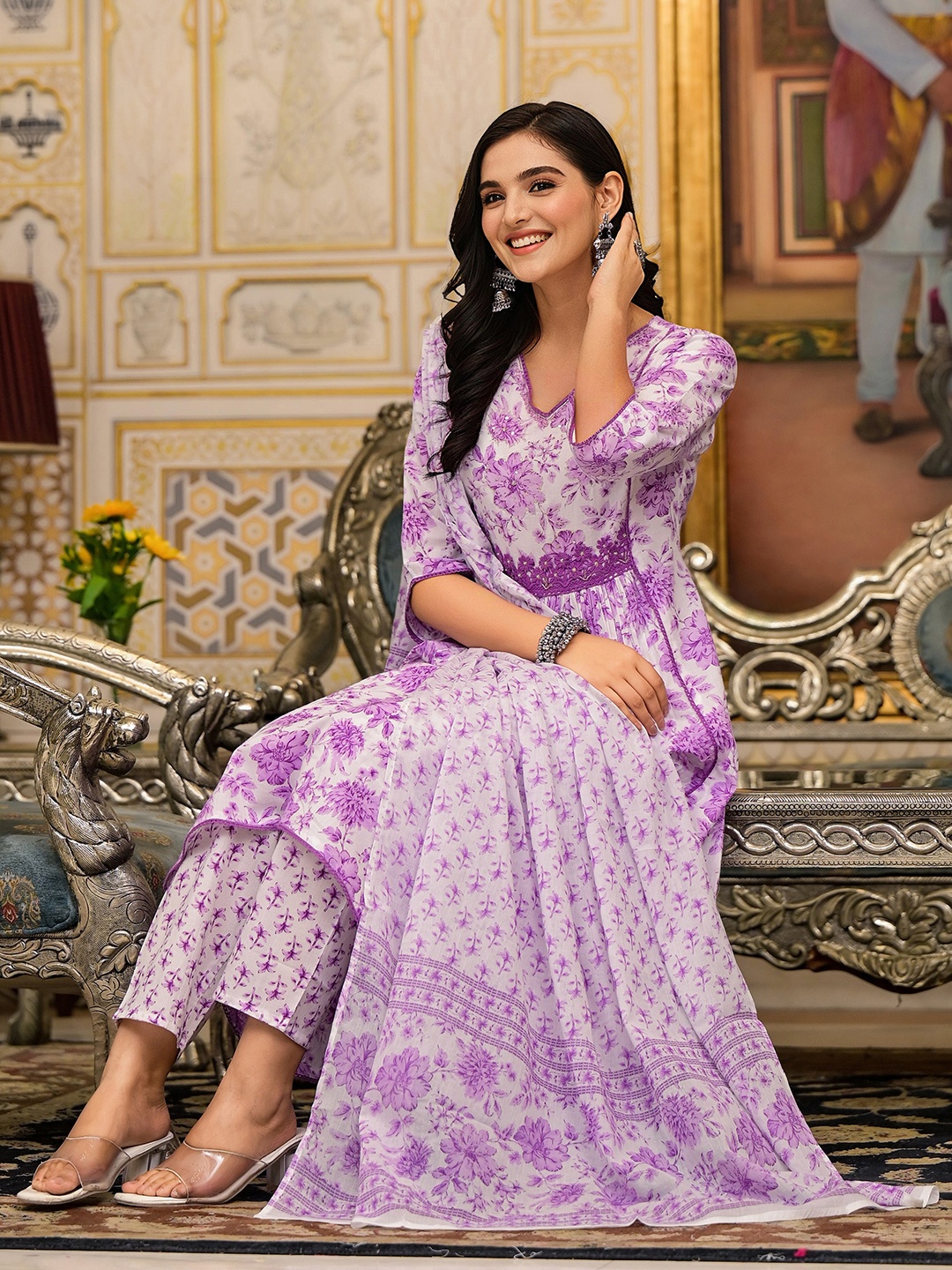 Ishin Floral Printed Thread Work Pure Cotton Kurta with Trousers & Dupatta, Purple