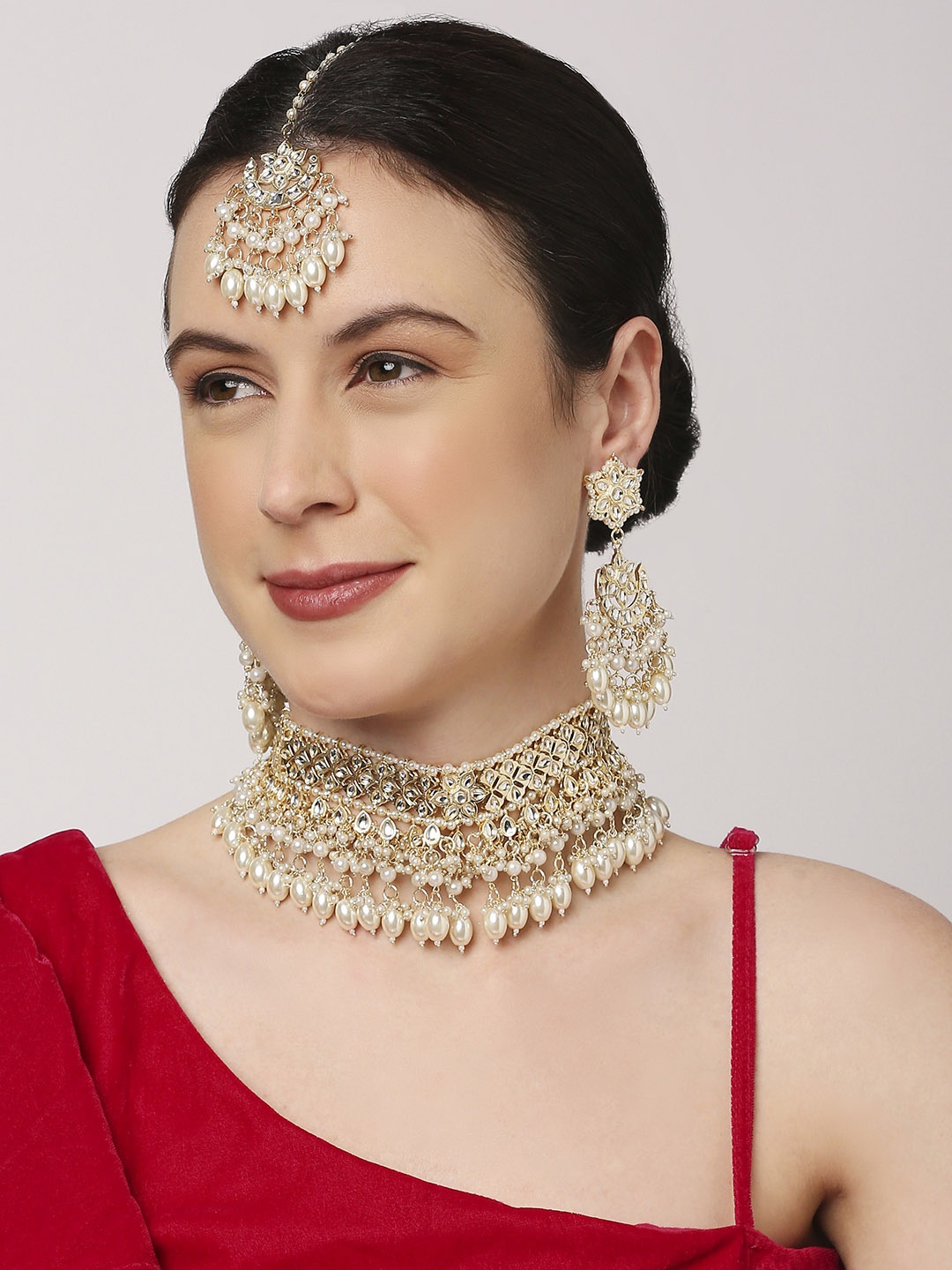 

Anouk Kundan Studded & Beaded Necklace & Earrings With Maang Tika, Gold