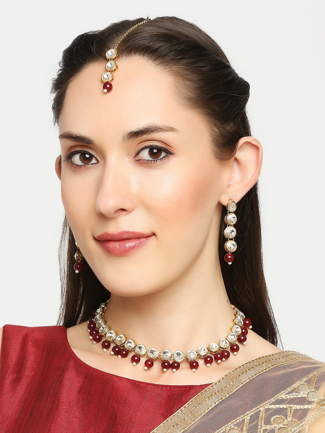 

Anouk Kundan Studded & Beaded Necklace & Earrings With Maang Tika, Gold