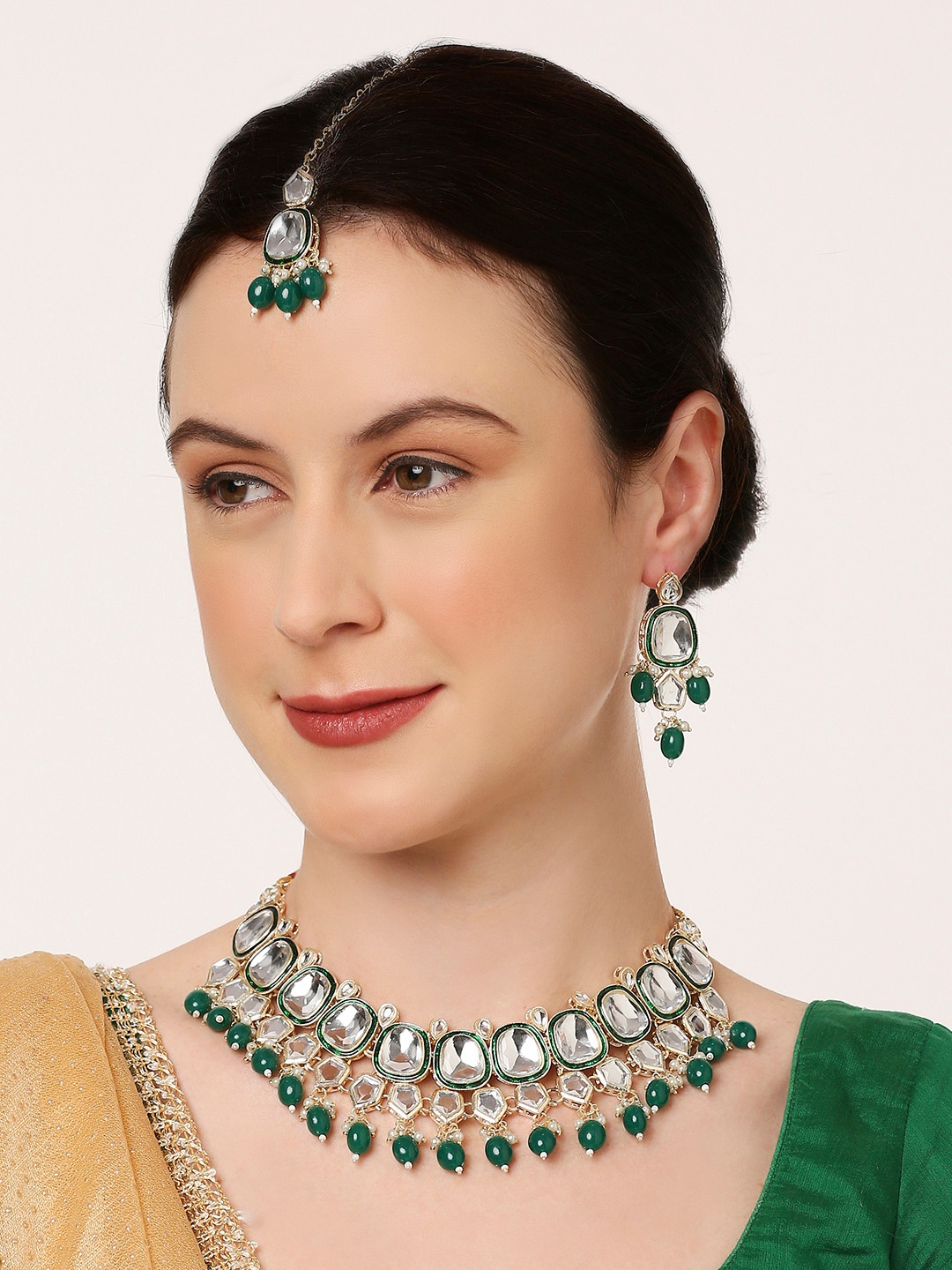 

Anouk Kundan Studded & Beaded Necklace & Earrings With Maang Tika, Gold