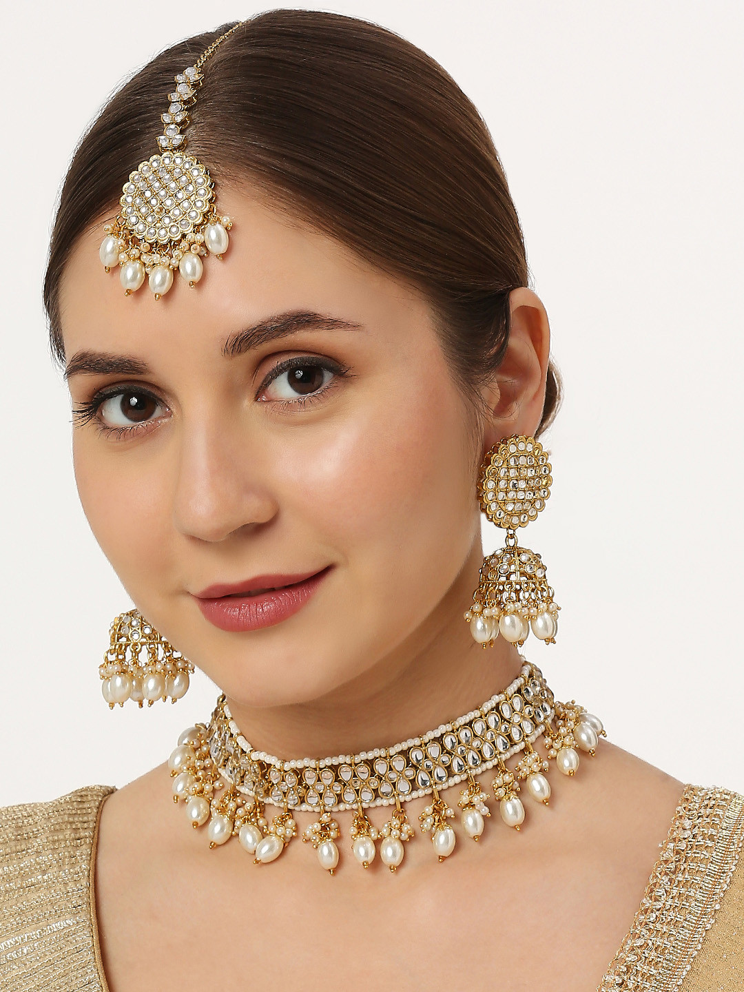 

Anouk Kundan Studded & Beaded Necklace & Earrings With Maang Tika, Gold