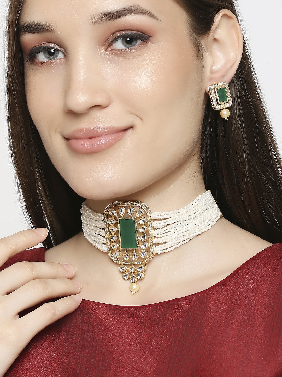 

Anouk Kundan Studded & Beaded Necklace & Earrings, Gold