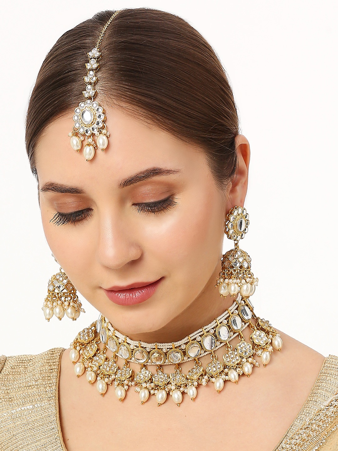 

Anouk Kundan Studded & Beaded Jadau Necklace & Earrings With Maang Tika, Gold