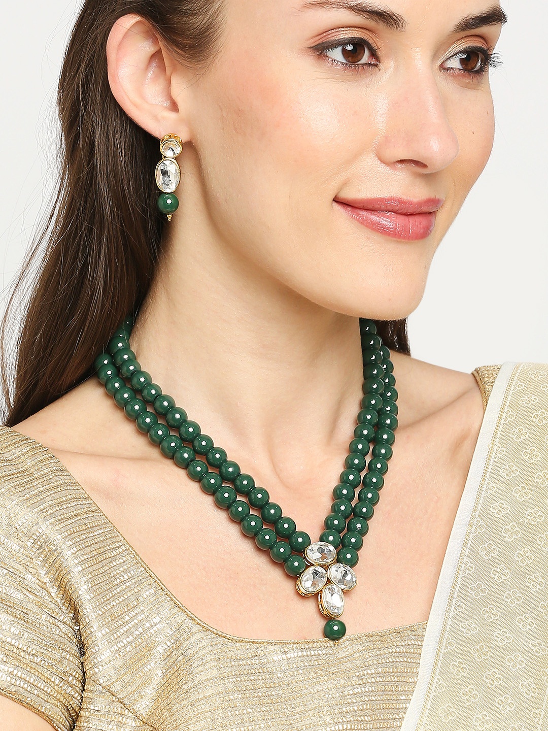 

Anouk Kundan Studded & Beaded Jadau Necklace & Earrings, Gold