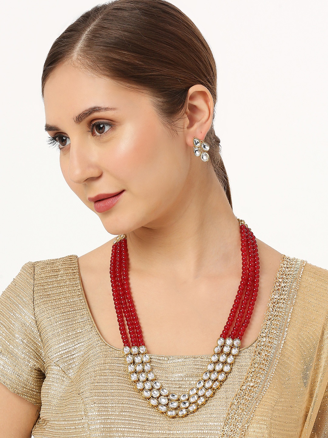 

Anouk Kundan Studded & Beaded Jadau Necklace & Earrings, Gold