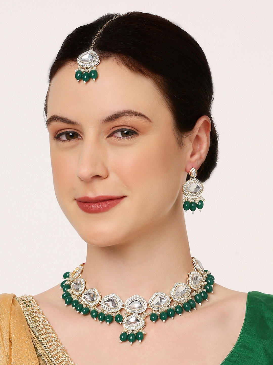 

Anouk Kundan Studded & Beaded Jadau Necklace & Earrings With Maang Tika, Gold