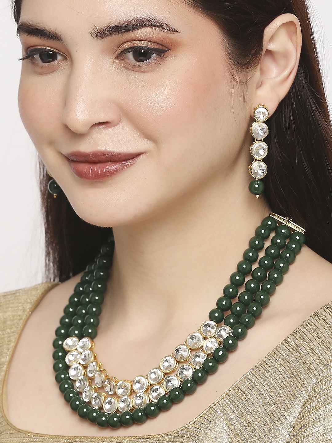 

Anouk Kundan Studded & Beaded Jadau Necklace & Earrings, Gold