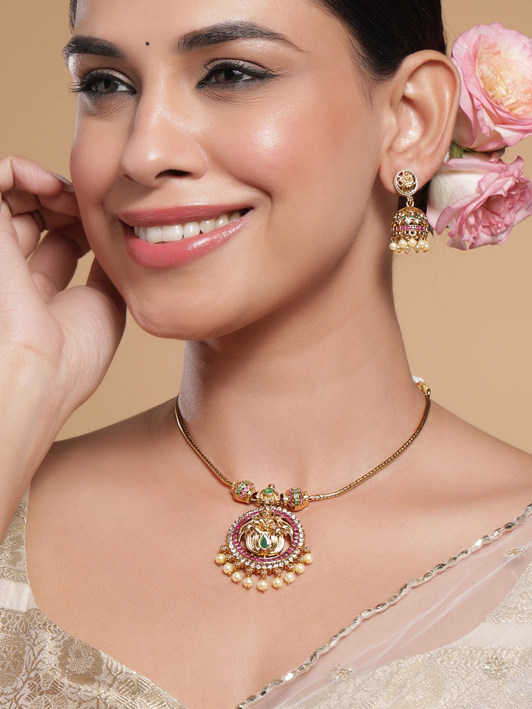 

Rubans 22KT Gold-Plated Cubic Zirconia Studded Laxmi Temple Jewellery Set