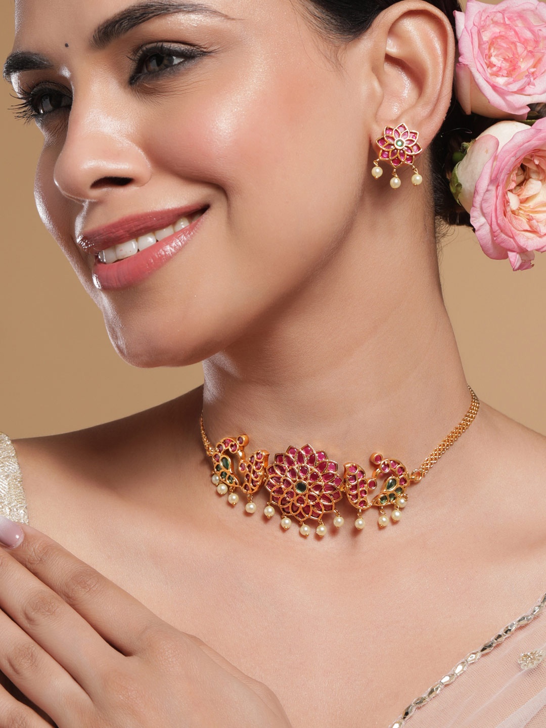 

Rubans 22KT Gold-Plated Kundan Studded & Pearls Beaded Jewellery Set
