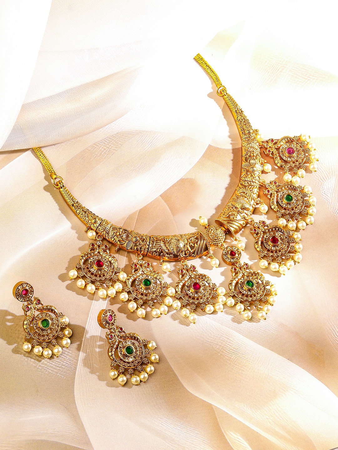 

Rubans 22KT Gold-Plated Cubic Zirconia Studded & Pearls Beaded Lakshmi God Jewellery Set