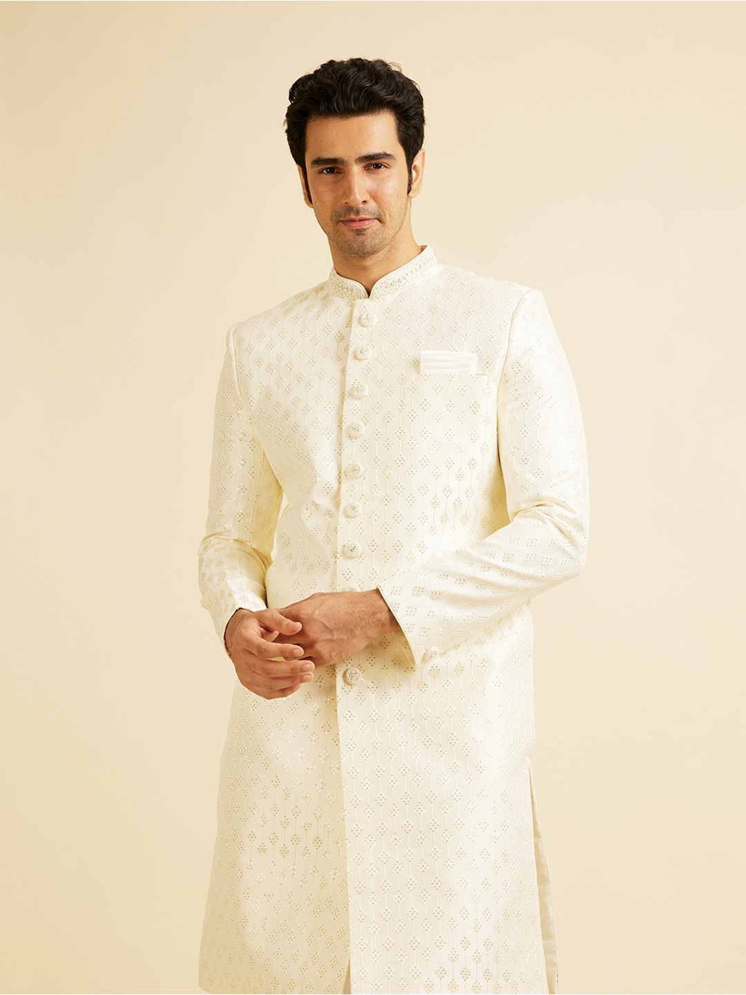

Manyavar Men Sequin Embroidered Sherwani Set, Cream