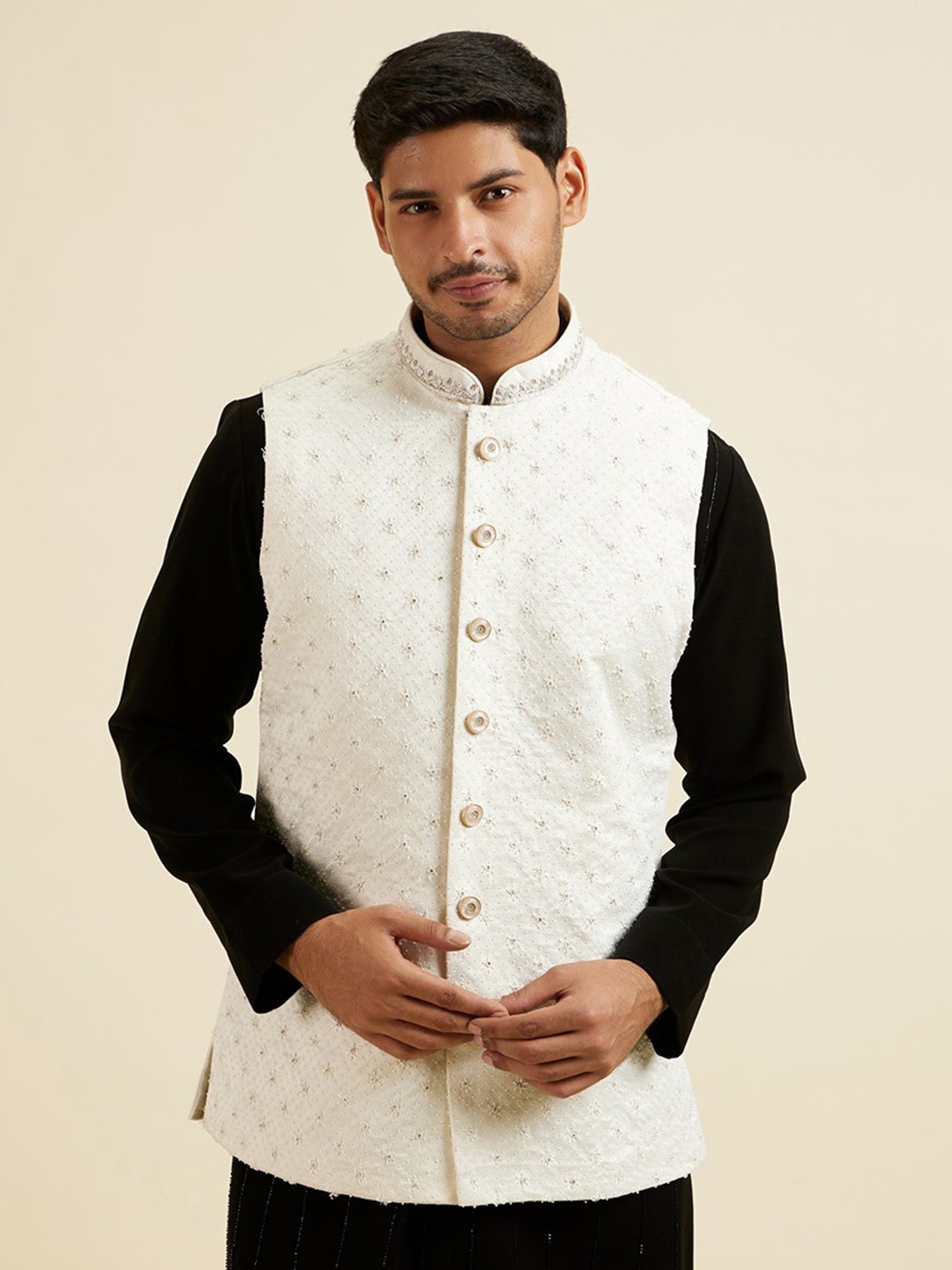 

Manyavar Men Embroidered Woven Nehru Jacket, White